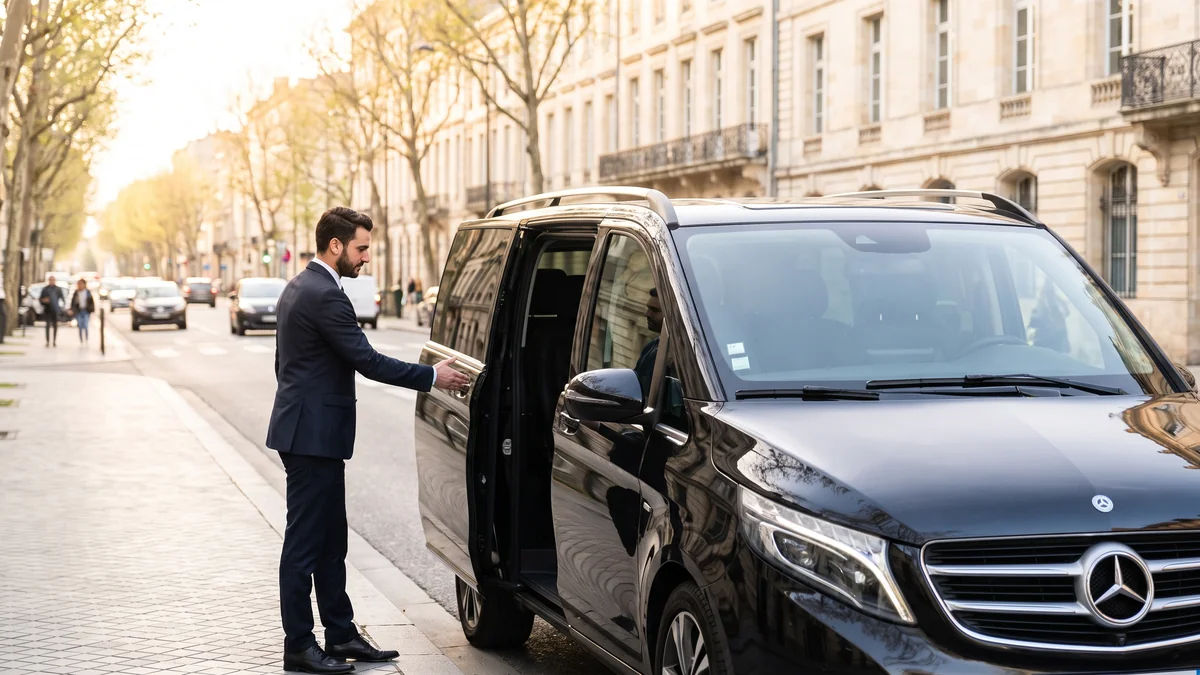 Chauffeur en costume accueillant un client près d'un van, boulevard de Bordeaux