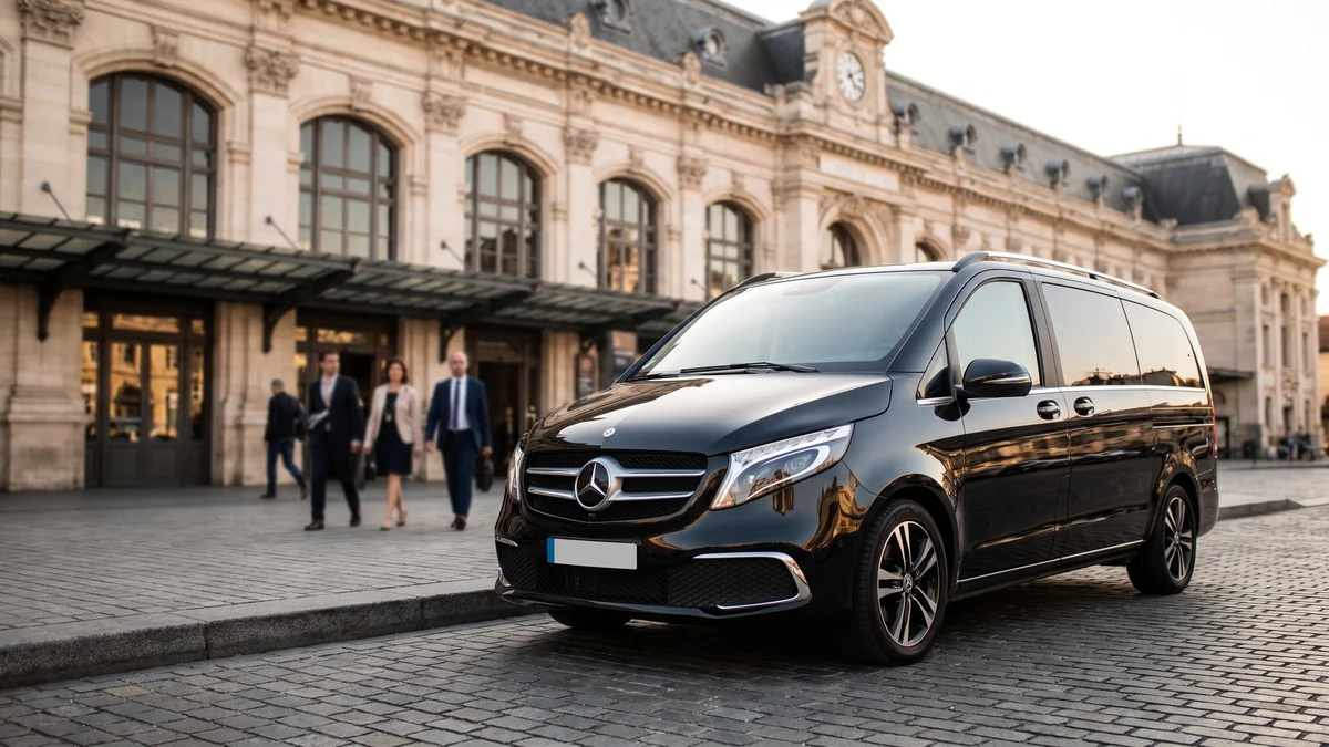 Van avec chauffeur stationné devant la gare Saint-Jean de Bordeaux pour un transfert de groupe
