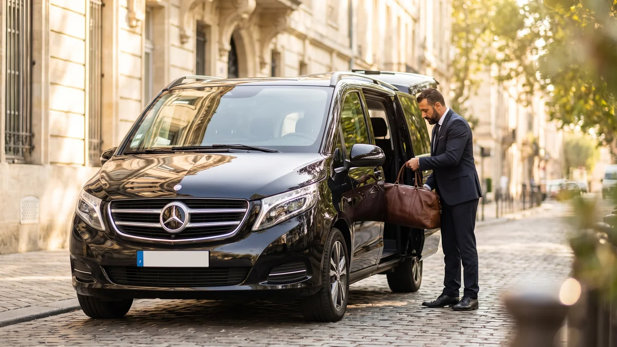 Chauffeur chargeant un sac dans un van noir par la porte latérale à Bordeaux