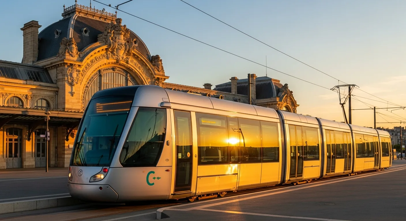 Tram ligne C TBM à l'arrêt parvis de la gare Saint-Jean Bordeaux liaison directe avec le centre-ville en 10 minutes