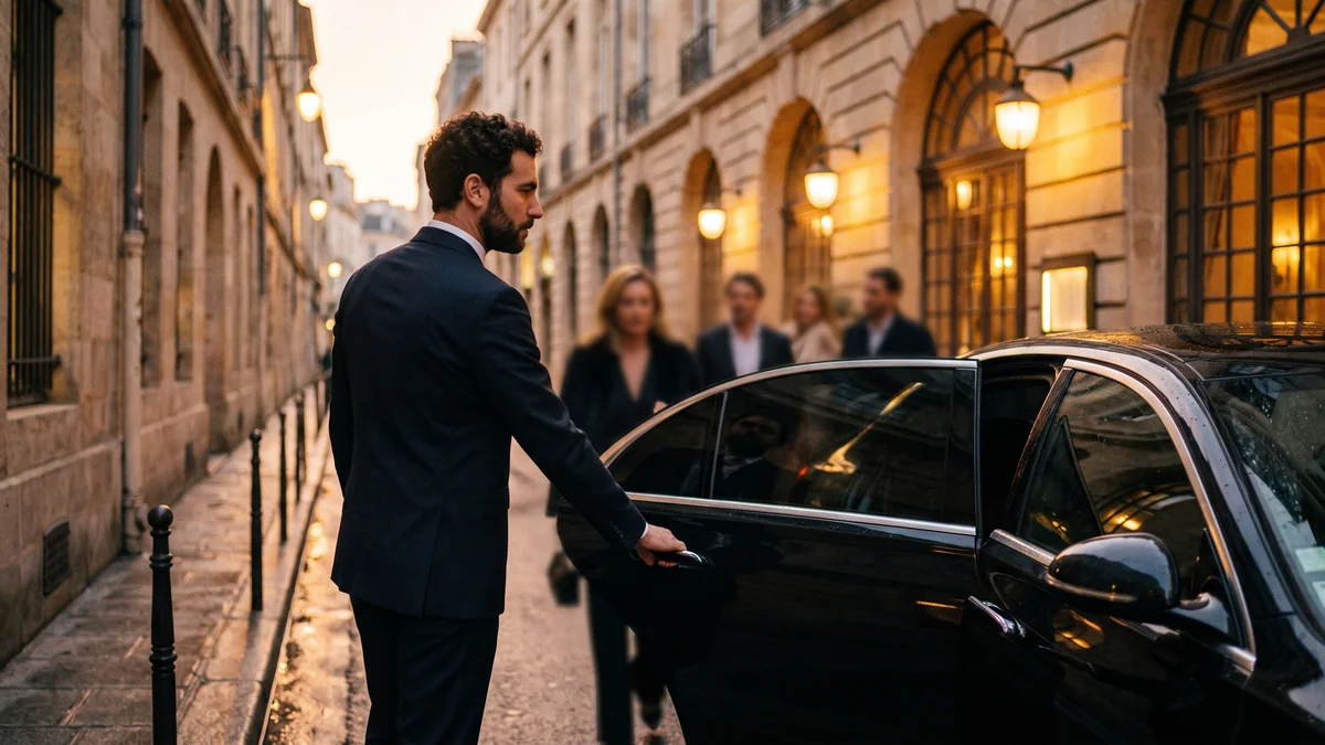 Chauffeur VTC déposant des convives devant un restaurant du centre de Bordeaux