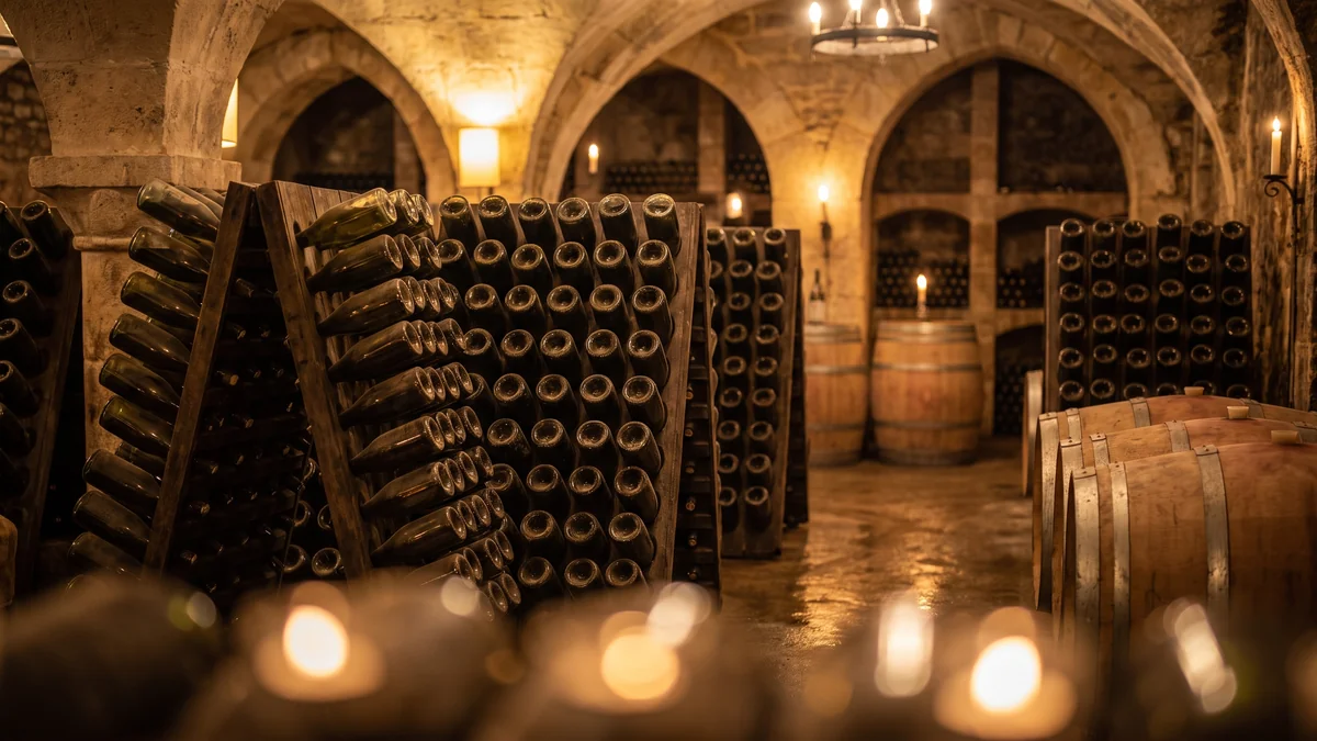 Cave à vin d'un restaurant bordelais avec bouteilles du vignoble de la région