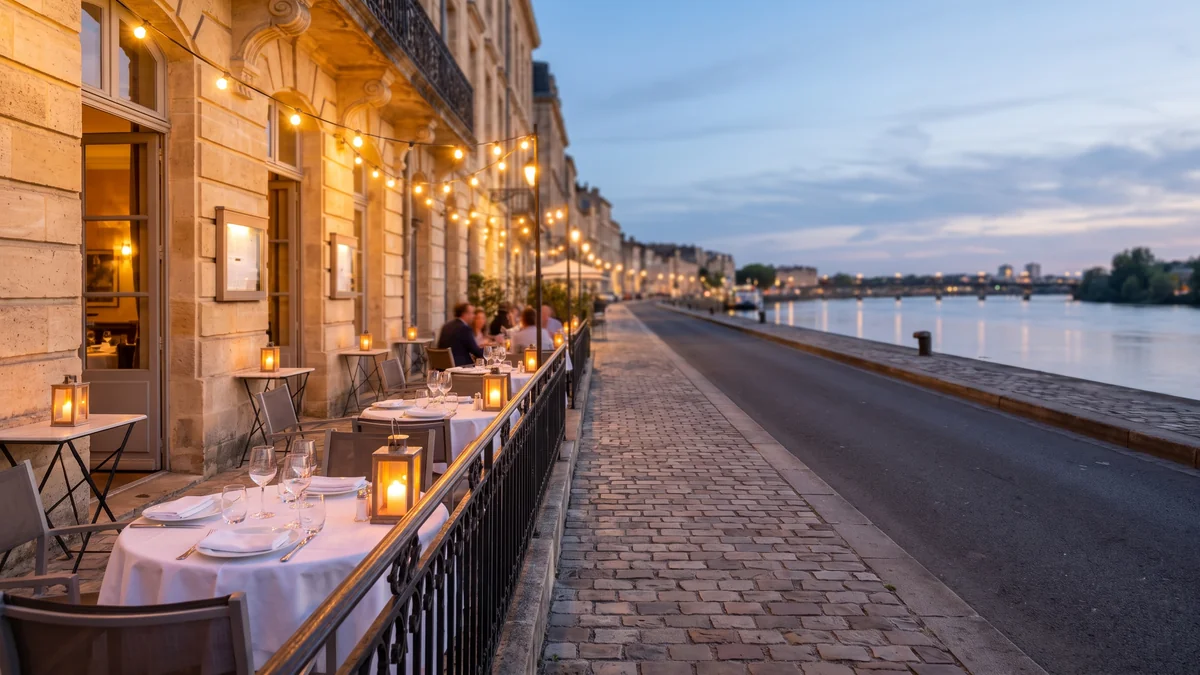 Terrasse de restaurant sur les quais de Bordeaux face à la Garonne au coucher du soleil