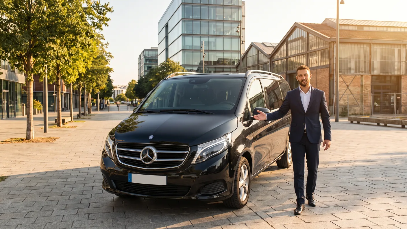 Chauffeur accueillant un client devant un van avec chauffeur à Bordeaux
