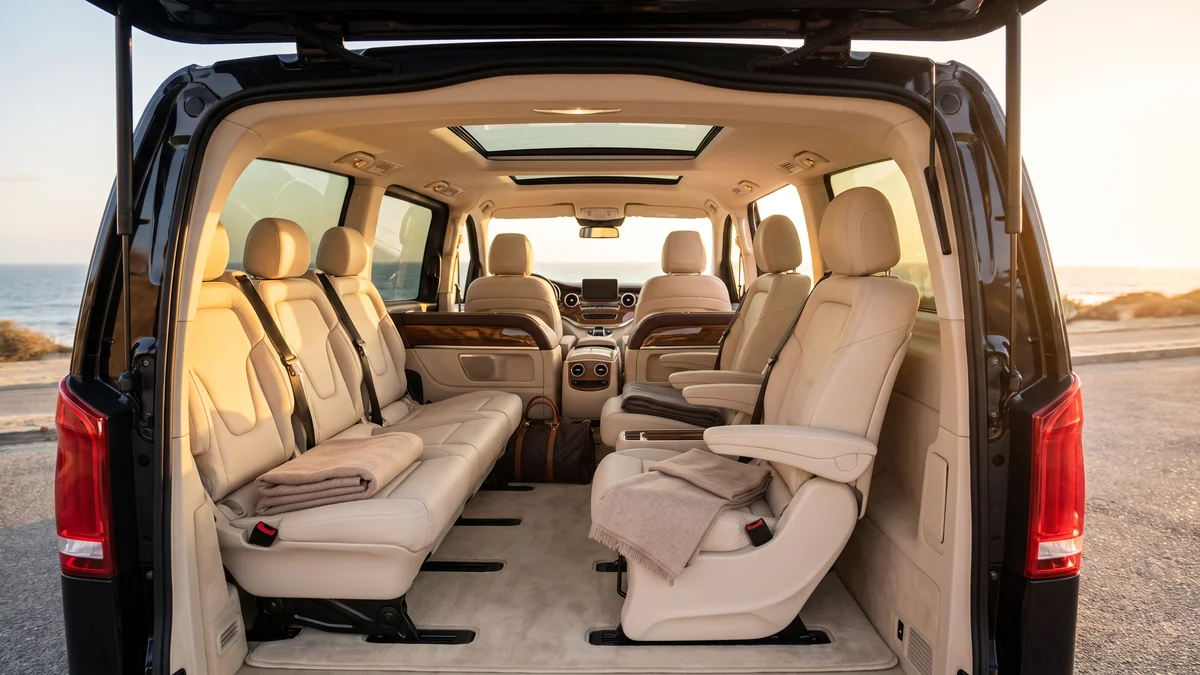 Intérieur d'un van avec chauffeur, banquette et sièges individuels en cuir