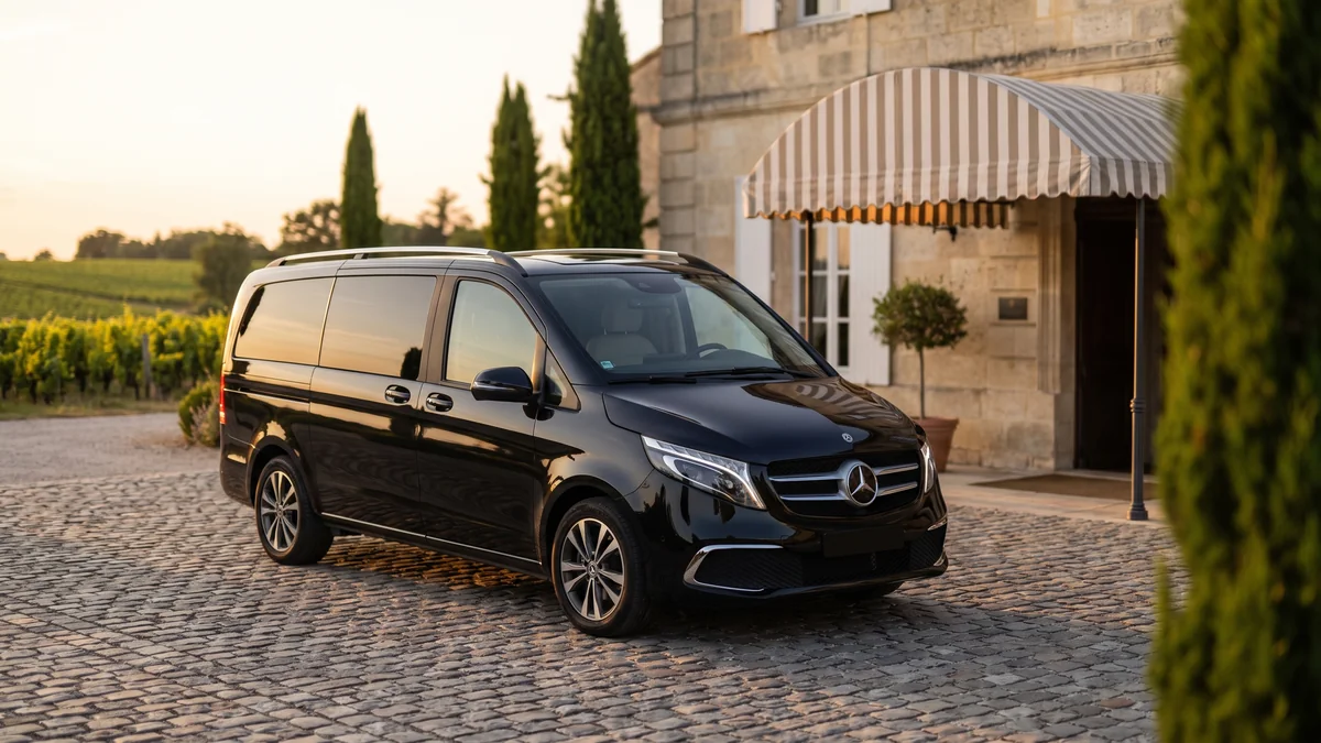 Van avec chauffeur en prise en charge devant un hôtel du centre de Bordeaux
