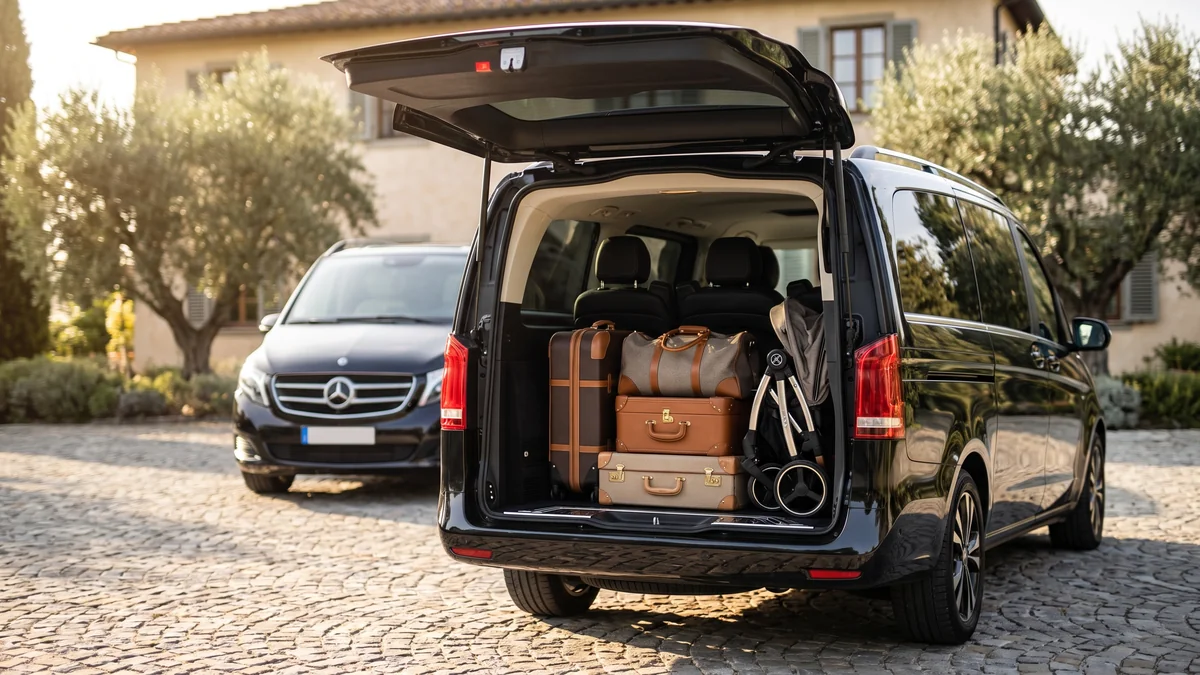 Coffre séparé d'un van avec chauffeur rempli de valises et de bagages variés