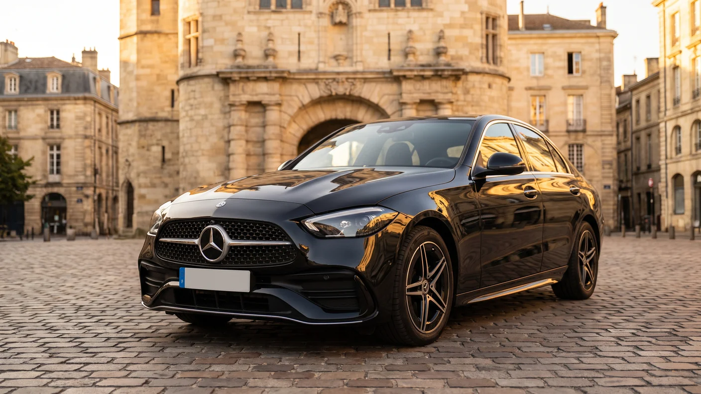Berline avec chauffeur privé devant la Porte Cailhau à Bordeaux