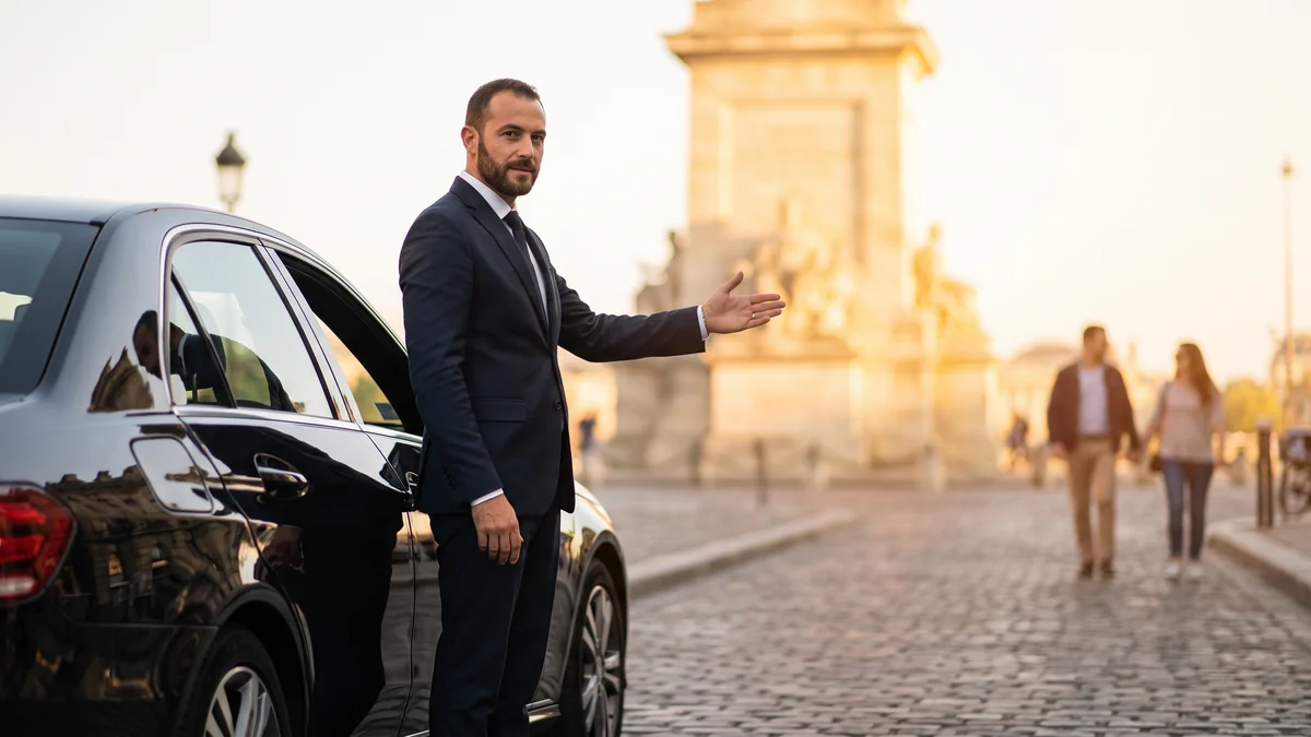 Chauffeur privé accueillant des visiteurs pour un city tour de Bordeaux