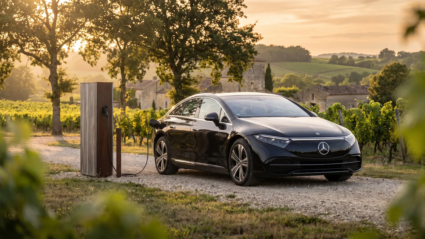 VTC électrique à Bordeaux : berline noire à faibles émissions en recharge sur une borne