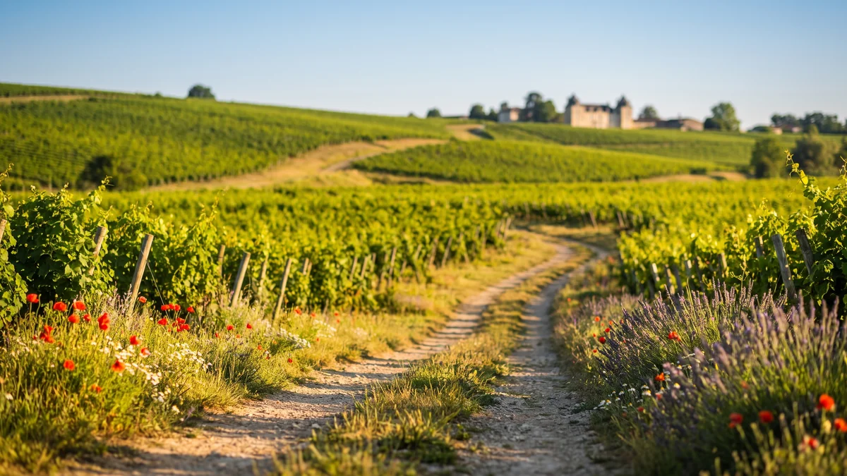 Vignoble verdoyant du Bordelais au printemps sous un ciel dégagé