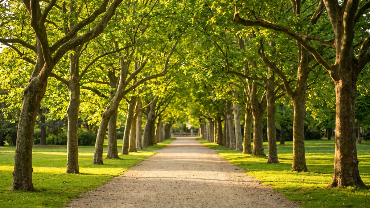 Allée arborée bordée de platanes dans un parc de Bordeaux, symbole de mobilité durable et d'espaces verts en ville