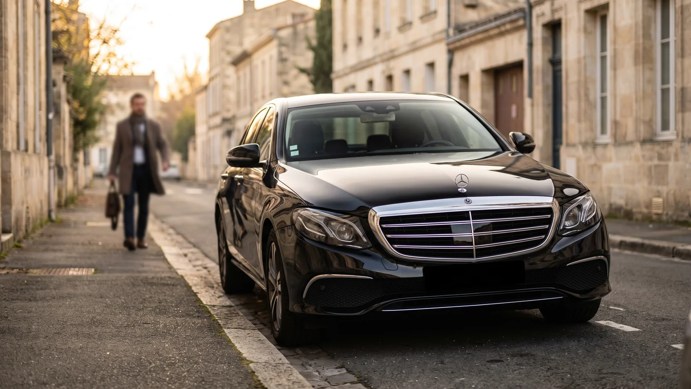 Berline VTC avec chauffeur en prise en charge d'un passager à Bordeaux