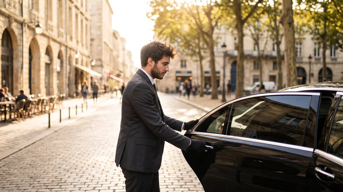 Chauffeur VTC en costume accueillant un passager devant une berline à Bordeaux