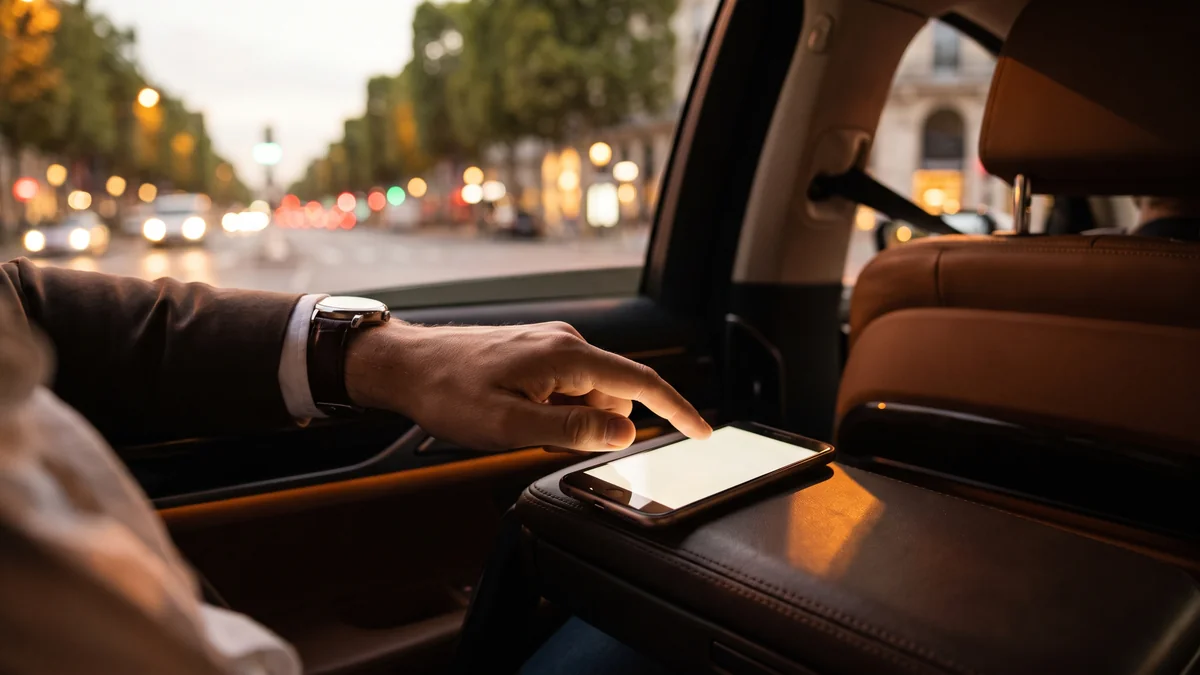 Réservation d'un VTC sur une tablette avec confirmation de prix fixe