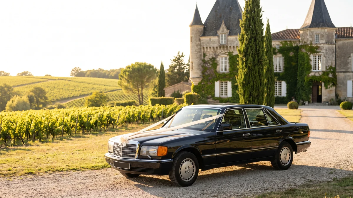 Berline de prestige décorée d'un ruban blanc devant un domaine de mariage en Gironde