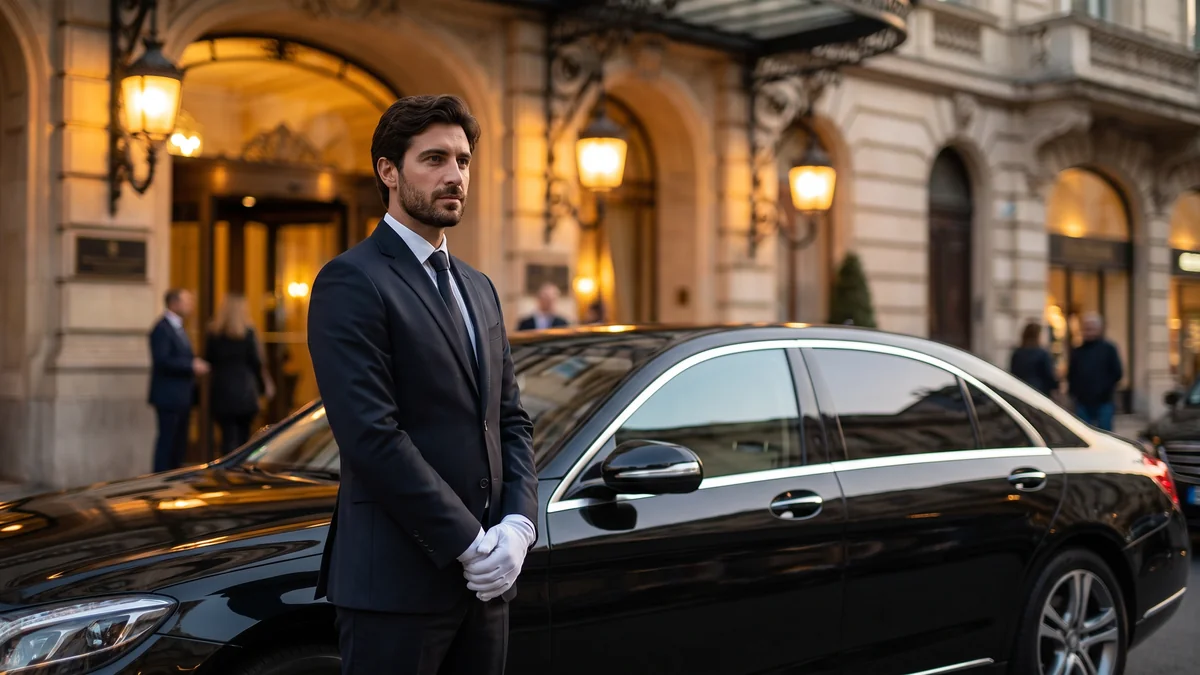 Chauffeur en costume sombre et gants blancs ouvrant la portière d'une berline de prestige à Bordeaux
