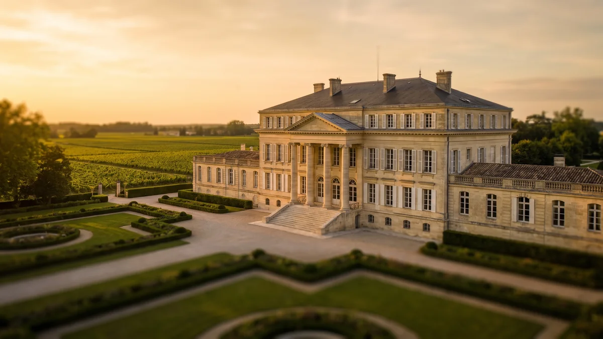 Van premium Classe V devant un grand château classé du Médoc pour un wine tour de prestige
